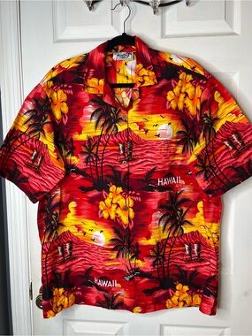 Paradise Style Hawaii Vintage Aloha Shirt XXL Red Orange Sunset Beach Resort
